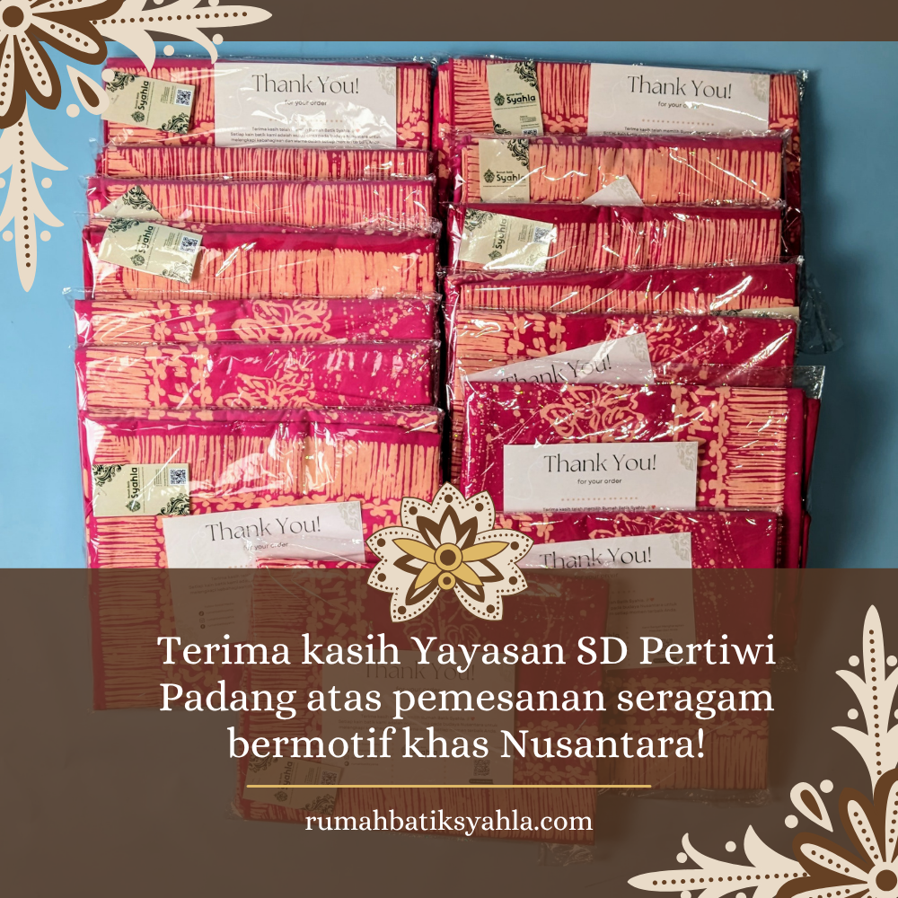 Motif batik custom untuk SD Pertiwi Padang dengan desain Daun Sirih dan Sekepal Tanah Surga.