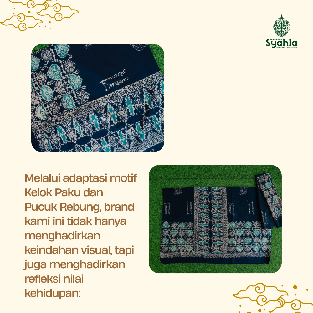 Melalui adaptasi motif Kelok Paku dan Pucuk Rebung, brand kami ini tidak hanya menghadirkan keindahan visual, tapi juga menghadirkan refleksi nilai kehidupan: