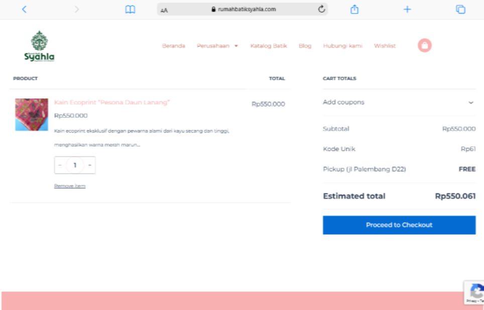 form pengiriman pelanggan di website Rumah Batik Syahla.