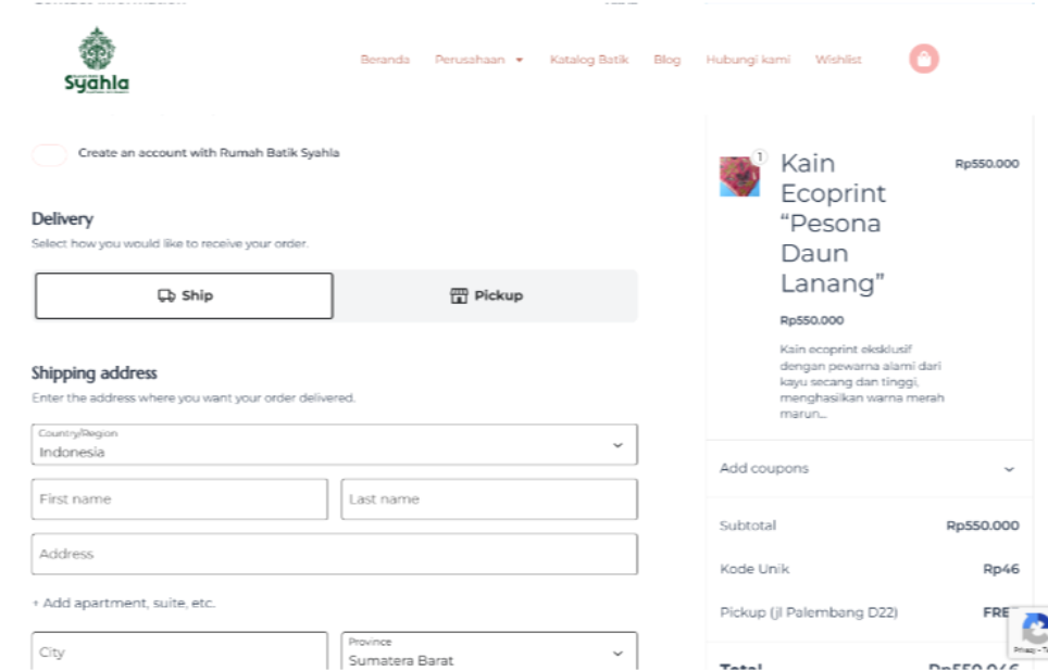 form pengiriman pelanggan di website Rumah Batik Syahla.