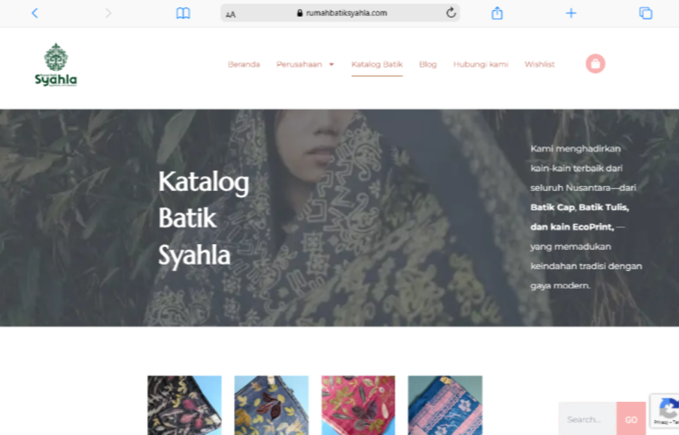 tampilan halaman katalog batik Rumah Batik Syahla menampilkan produk batik cap minagkabau/tanah liek, batik tulis, dan kain ecoprint.